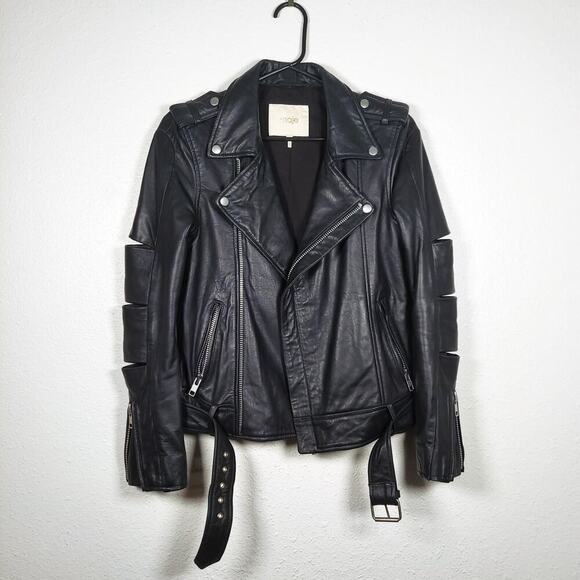 Maje Lamb Leather Biker Jacket Black Zip Up Moto Slotted Sleeves EU 36 US Small - Picture 1 of 7